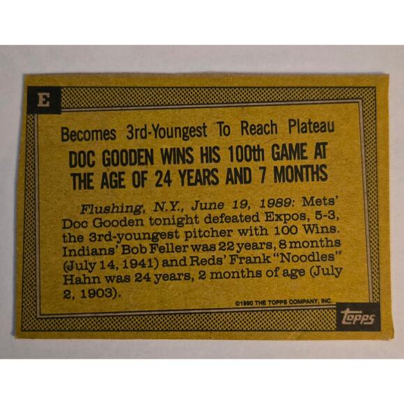 Doc Gooden 1990 Topps Mets 3rd Youngest to Reach Plateau Baseball Card - Picture 2 of 3